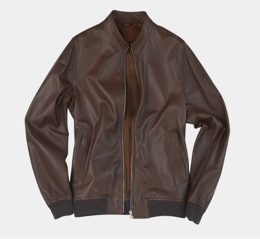 Brown leather jacket on a light gray background