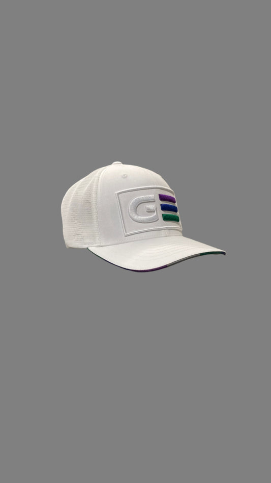 White cap with a logo on a reflective surface