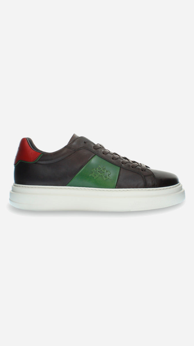 Black sneaker with red and green accents on a white background