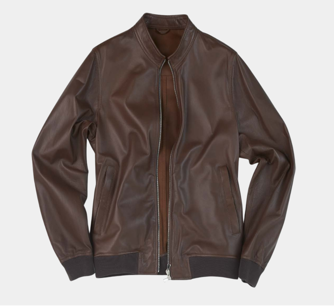 Brown leather jacket on a light gray background